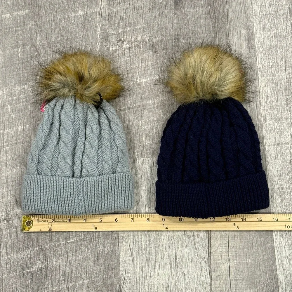 Brand New With Tags! 2 Cable Knit Youth Hats With Pom Pom Navy and‎ Grey